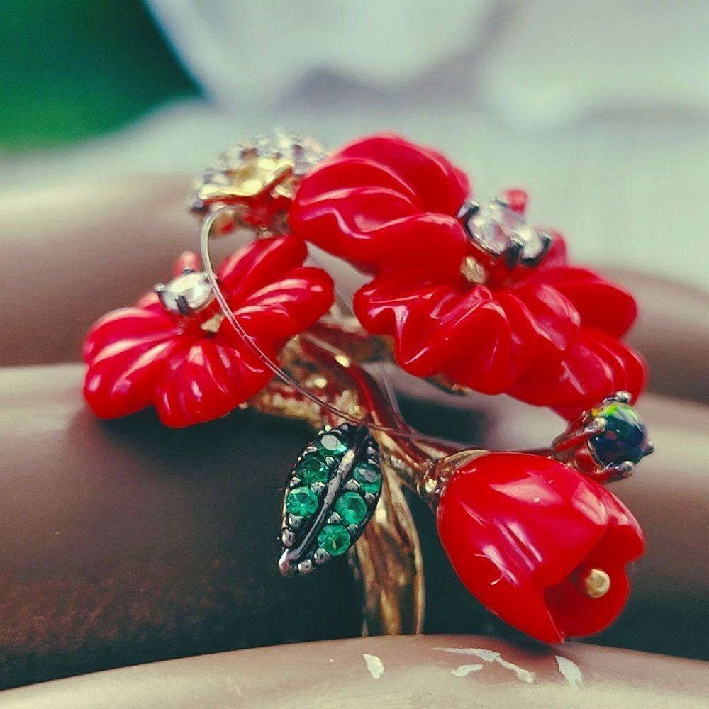 Red Coral Flower Bouquet Ladybug Rhinestone 925